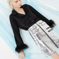 Black Button Up Long Feather Sleeve Women Blus